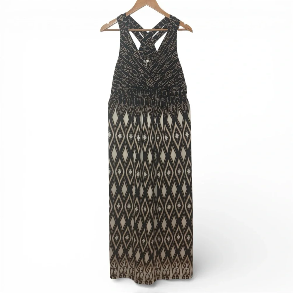 Soma Black & Beige Geometric Maxi Dress Size Large Boho Racerback Stretch - Picture 7 of 12